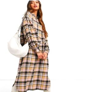 ASOS Flannel Dress 3/4 Puff Sleeve Tan Pink Black Plaid Oversized 6